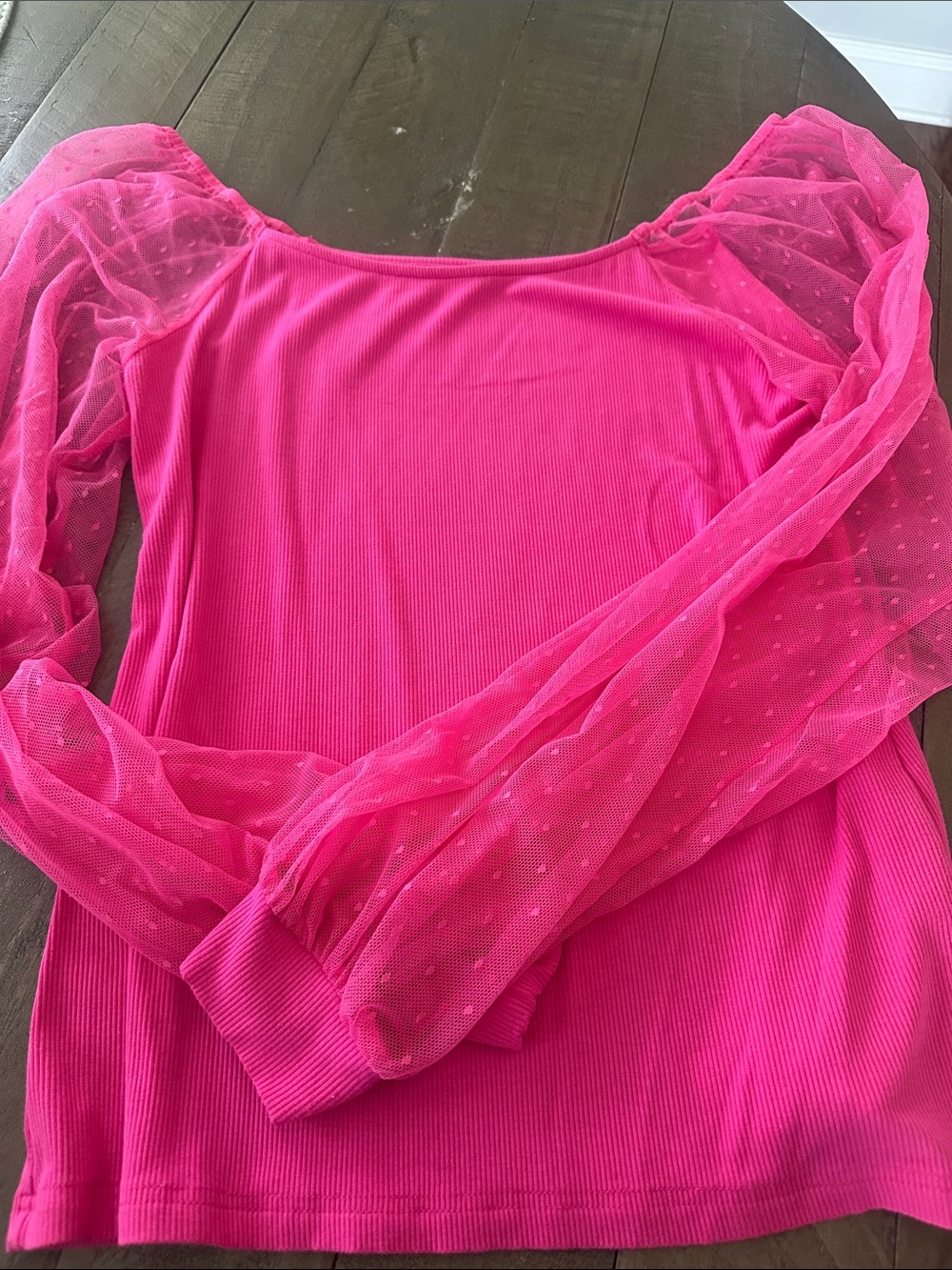 Hot Pink Puff Sleeve Mesh Long Sleeve Top